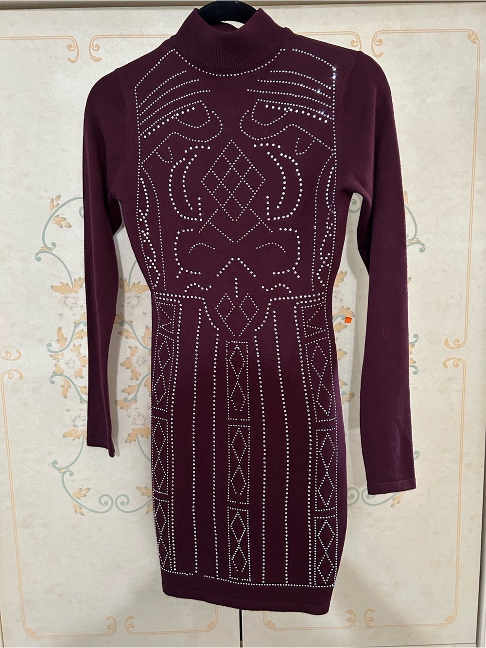 Say What? Women's Wine Crewneck Sweater with Rhinestone Swirls